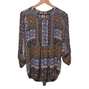 Daniel Rainn 3/4 Roll Tab Sleeve Orange Blue Boho Popover Blouse Size Large